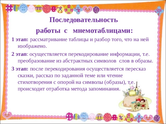 Последовательность работы с мнемотаблицами: 1 этап: р ассматривание таблицы и разбор того, что на ней изображено. 2 этап : о существляется перекодирование информации, т.е. преобразование из абстрактных символов слов в образы. 3 этап: после перекодирования осуществляется пересказ сказки, рассказ по заданной теме или чтение стихотворения с опорой на символы (образы), т.е. происходит отработка метода запоминания.   16.01.20 http://aida.ucoz.ru  