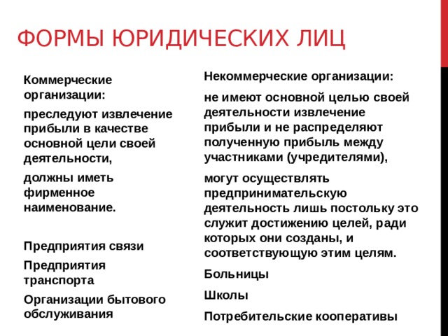 Формы юридических лиц   Некоммерческие организации: не имеют основной целью своей деятельности извлечение прибыли и не распределяют полученную прибыль между участниками (учредителями), могут осуществлять предпринимательскую деятельность лишь постольку это служит достижению целей, ради которых они созданы, и соответствующую этим целям. Больницы Школы Потребительские кооперативы Коммерческие организации: преследуют извлечение прибыли в качестве основной цели своей деятельности, должны иметь фирменное наименование.  Предприятия связи Предприятия транспорта Организации бытового обслуживания  