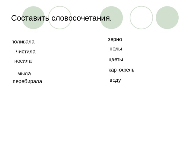 Составить словосочетания. зерно поливала полы чистила цветы носила картофель мыла воду перебирала 
