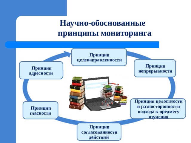 Научно-обоснованные  принципы мониторинга Принцип целенаправленности Принцип непрерывности Принцип адресности  Принцип целостности и разносторонности подхода к предмету изучения Принцип гласности  Принцип согласованности действий  