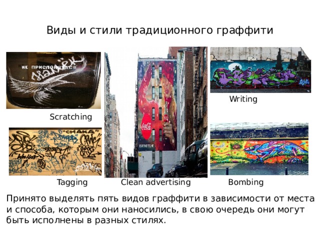 Виды и стили традиционного граффити Writing Scratching Clean advertising Bombing Tagging Принято выделять пять видов граффити в зависимости от места и способа, которым они наносились, в свою очередь они могут быть исполнены в разных стилях. 