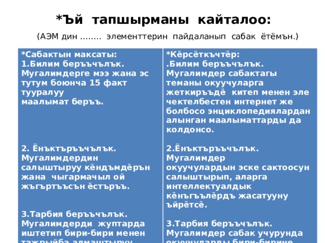 *Ъй тапшырманы кайталоо:   (АЭМ дин …….. элементтерин пайдаланып сабак ётёмън.) *Сабактын максаты: 1.Билим беръъчълък. Мугалимдерге мээ жана эс тутум боюнча 15 факт тууралуу *Кёрсёткъчтёр: маалымат беръъ.        .Билим беръъчълък. Мугалимдер сабактагы теманы окуучуларга жеткиръъдё китеп менен эле чектелбестен интернет же болбосо энциклопедиялардан алынган маалыматтарды да колдонсо.     2.Ёнъктъръъчълък. Мугалимдер  окуучулардын эске сактоосун салыштырып, аларга интеллектуалдык кёнъгъълёрдъ жасатууну ъйрётсё.    3.Тарбия беръъчълък. Мугалимдер сабак учурунда окуучуларды бири-бирине жакшы сёздёрдъ айттыруу менен мээримдъълъкё тарбияласа.   2. Ёнъктъръъчълък. Мугалимдердин салыштыруу кёндъмдёрън жана чыгармачыл ой жъгъртъъсън ёстъръъ.        3.Тарбия беръъчълък. Мугалимдерди жуптарда иштетип бири-бири менен тажрыйба алмаштыруу.   