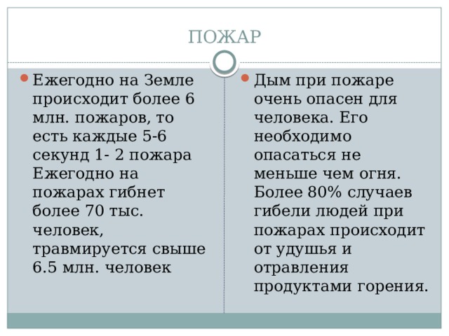 ПОЖАР   Ежегодно на Земле происходит более 6 млн. пожаров, то есть каждые 5-6 секунд 1- 2 пожара Ежегодно на пожарах гибнет более 70 тыс. человек, травмируется свыше 6.5 млн. человек Дым при пожаре очень опасен для человека. Его необходимо опасаться не меньше чем огня. Более 80% случаев гибели людей при пожарах происходит от удушья и отравления продуктами горения. 