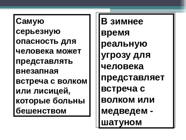 В зимнее время реальную угрозу для человека представляет встреча с волком или медведем - шатуном Самую серьезную опасность для человека может представлять внезапная встреча с волком или лисицей, которые больны бешенством 