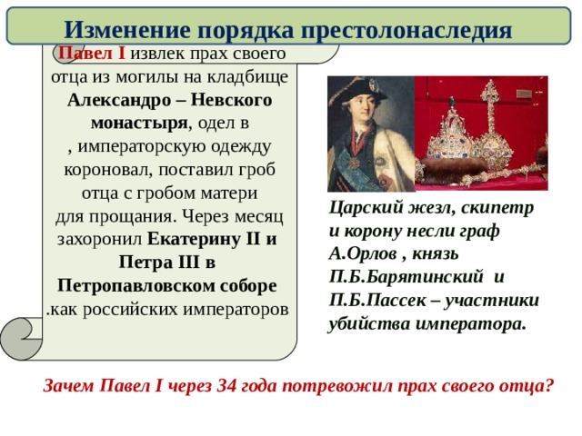 Изменение порядка престолонаследия Павел I  извлек прах своего  отца из могилы на кладбище Александро – Невского  монастыря , одел в  императорскую одежду , короновал, поставил гроб  отца с гробом матери  для прощания. Через месяц  захоронил Екатерину II и  Петра III в  Петропавловском соборе  как российских императоров . Царский жезл, скипетр и корону несли граф А.Орлов , князь П.Б.Барятинский и П.Б.Пассек – участники убийства императора. Зачем Павел I через 34 года потревожил прах своего отца ? 