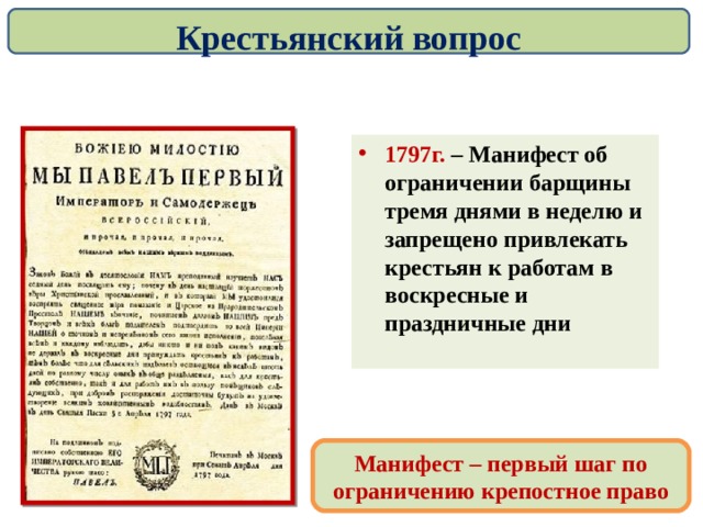 Крестьянский вопрос 1797г. – Манифест об ограничении барщины тремя днями в неделю и запрещено привлекать крестьян к работам в воскресные и праздничные дни Манифест – первый шаг по ограничению крепостное право 