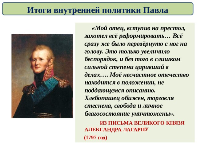 Итоги внутренней политики Павла  «Мой отец, вступив на престол, захотел всё реформировать… Всё сразу же было перевёрнуто с ног на голову. Это только увеличило беспорядок, и без того в слишком сильной степени царивший в делах…. Моё несчастное отечество находится в положении, не поддающемся описанию. Хлебопашец обижен, торговля стеснена, свобода и личное благосостояние уничтожены».  ИЗ ПИСЬМА ВЕЛИКОГО КНЯЗЯ АЛЕКСАНДРА ЛАГАРПУ  (1797 год) 