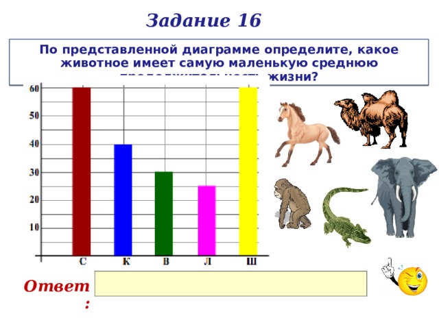 Задание 16 По представленной диаграмме определите, какое животное имеет самую маленькую среднюю продолжительность жизни? Ответ: 