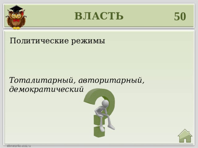 50 ВЛАСТЬ Политические режимы Тоталитарный, авторитарный, демократический 