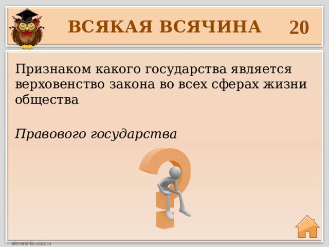 20 ВСЯКАЯ ВСЯЧИНА Признаком какого государства является верховенство закона во всех сферах жизни общества Правового государства 