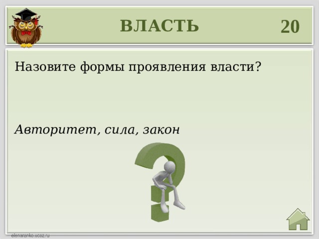 20 ВЛАСТЬ Назовите формы проявления власти? Авторитет, сила, закон 