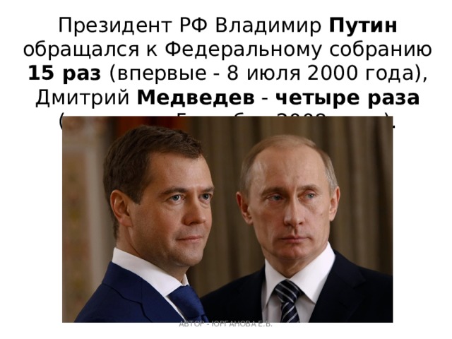 Президент РФ Владимир Путин обращался к Федеральному собранию 15 раз (впервые - 8 июля 2000 года), Дмитрий Медведев - четыре раза (впервые - 5 ноября 2008 года). АВТОР - ЮРГАНОВА Е.В. 