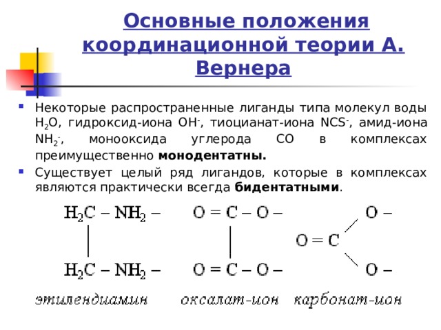 Строение комплексных соединений согласно координационной теории вернера