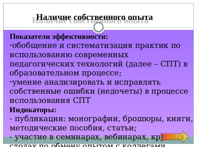 Наличие собственного опыта Показатели  эффективности: обобщение и систематизация практик по использованию современных педагогических технологий (далее – СПТ) в образовательном процессе; умение анализировать и исправлять собственные ошибки (недочеты) в процессе использования СПТ Индикаторы: - публикации: монографии, брошюры, книги, методические пособия, статьи; - участие в семинарах, вебинарах, круглых столах по обмену опытом с коллегами 