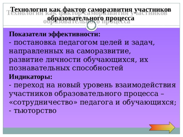 Технология как фактор саморазвития участников образовательного процесса Показатели  эффективности: - постановка педагогом целей и задач, направленных на саморазвитие, развитие личности обучающихся, их познавательных способностей Индикаторы: - переход на новый уровень взаимодействия участников образовательного процесса – «сотрудничество» педагога и обучающихся; - тьюторство 