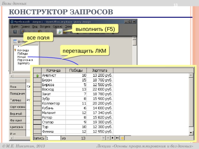  Конструктор запросов выполнить (F5) все поля перетащить ЛКМ 
