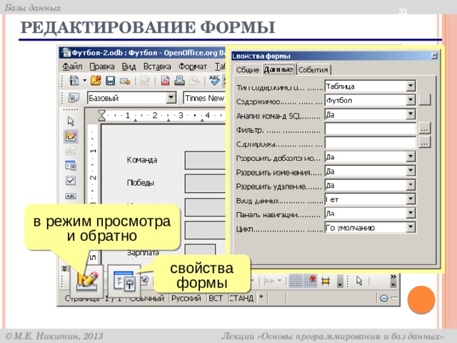  Редактирование формы в режим просмотра и обратно свойства формы 