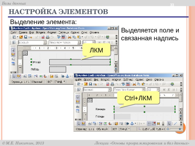  Настройка элементов Выделение элемента: Выделяется поле и связанная надпись ЛКМ Ctrl+ЛКМ 