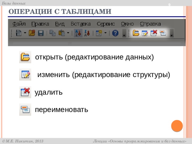  Операции с таблицами открыть (редактирование данных) изменить (редактирование структуры) удалить переименовать 