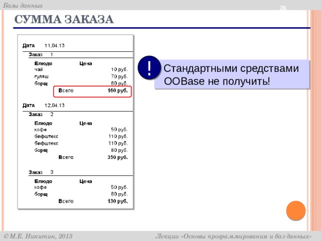  Сумма заказа !  Стандартными средствами OOBase не получить! 