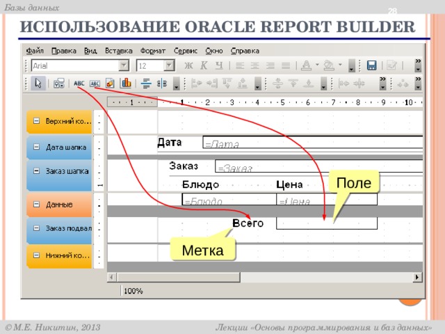  Использование Oracle Report Builder Поле Метка 