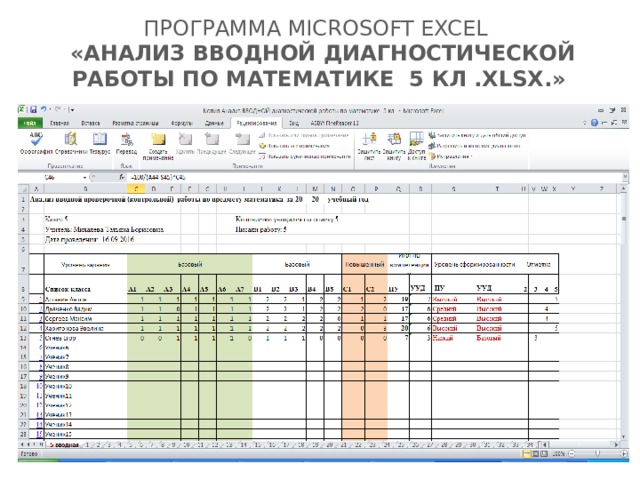 программа Microsoft Excel  «Анализ ВВОДНОЙ диагностической работы по математике 5 кл .xlsx.»   
