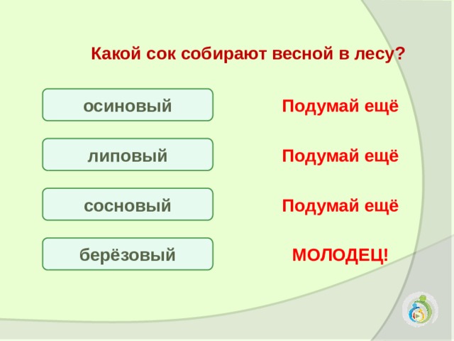  Какой сок собирают весной в лесу? осиновый Подумай ещё липовый Подумай ещё сосновый Подумай ещё берёзовый МОЛОДЕЦ! 
