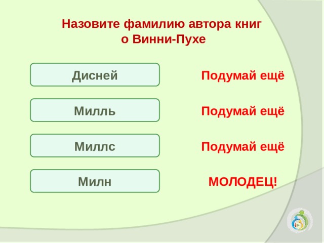Назовите фамилию автора книг о Винни-Пухе Дисней Подумай ещё Милль Подумай ещё Миллс Подумай ещё Милн МОЛОДЕЦ! 