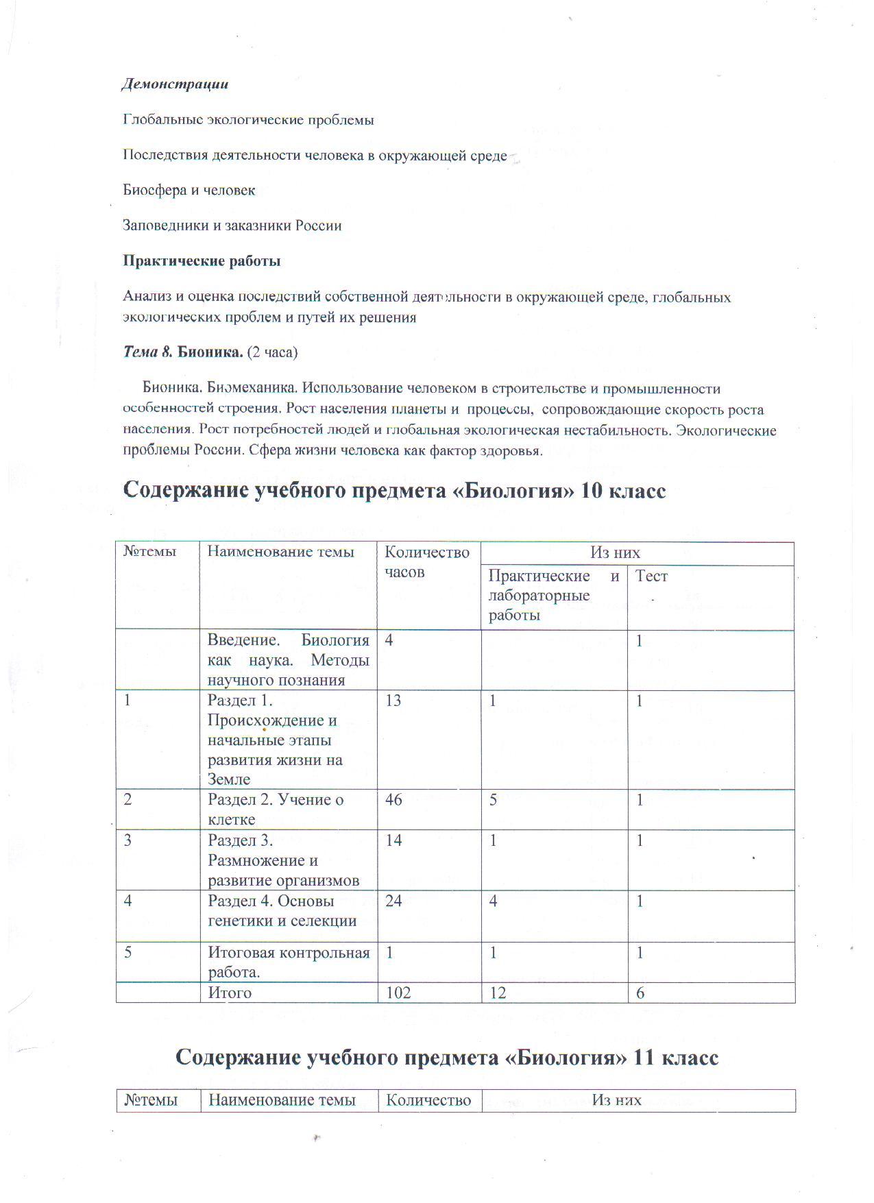 Рабочая программа по биологии агротехнического профиля для 10-11 классов