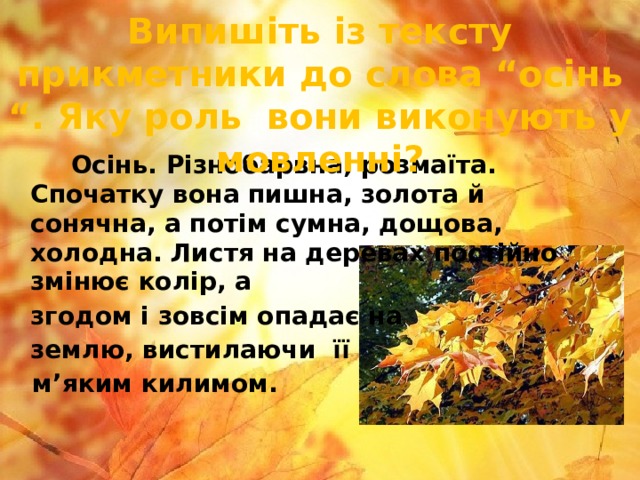 Випишіть із тексту прикметники до слова “осінь “. Яку роль вони виконують у мовленні?  Осінь. Різнобарвна, розмаїта. Спочатку вона пишна, золота й сонячна, а потім сумна, дощова, холодна. Листя на деревах постійно змінює колір, а  згодом і зовсім опадає на  землю, вистилаючи її  м’яким килимом.  