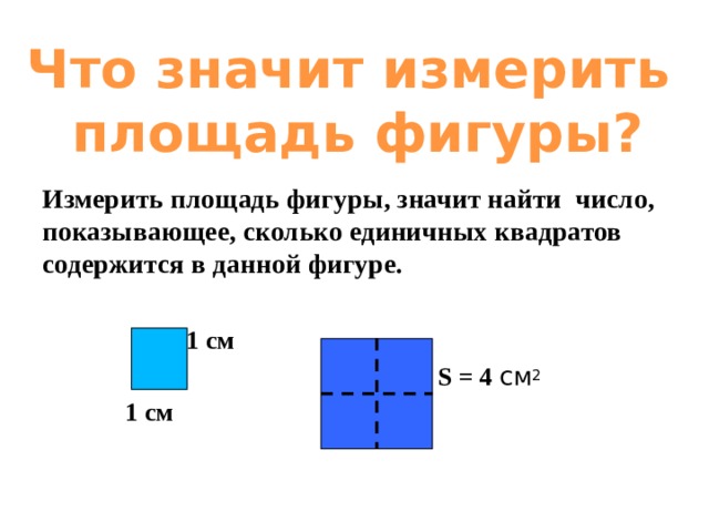 Что значит измерить площадь фигуры? Измерить площадь фигуры, значит найти число, показывающее, сколько единичных квадратов содержится в данной фигуре.   1 см  S = 4 см 2  1 см   