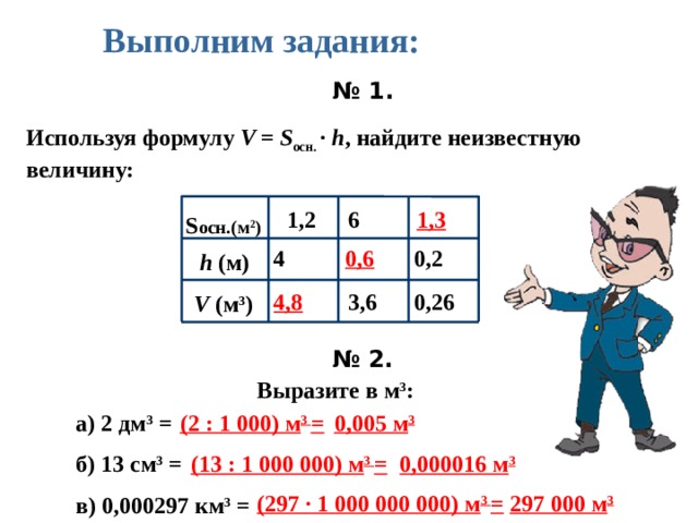 Выполним задания: № 1. Используя формулу V = S осн. · h , найдите неизвестную величину: 1,3 1,2 6 S осн.(м 2 ) 0,6 4 0,2 h (м) 4,8 0,26 3,6 V (м 3 ) № 2. Выразите в м 3 : а) 2 дм 3 = 0,005 м 3 (2 : 1 000) м 3 = б) 13 см 3 = 0,000016 м 3 (13 : 1 000 000) м 3 = 297 000 м 3 (297 · 1 000 000 000) м 3 = в) 0,000297 км 3 = 
