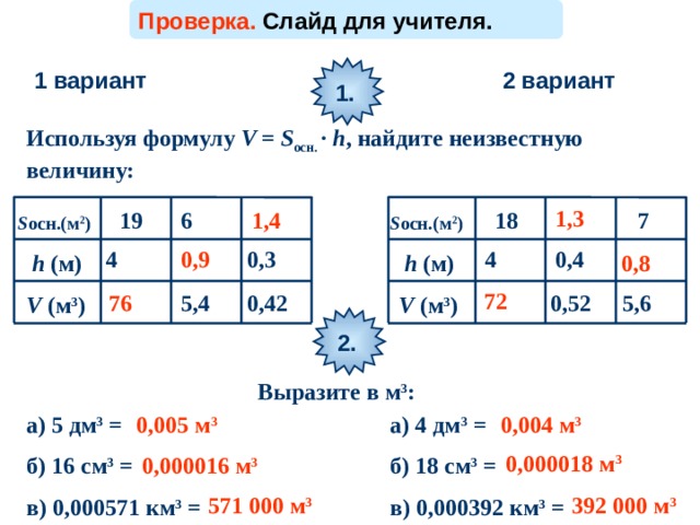 Проверка. Слайд для учителя. 1. 2 вариант 1 вариант Используя формулу V = S осн. · h , найдите неизвестную величину: 1,3 1,4 6 18 7 19 S осн.(м 2 ) S осн.(м 2 ) 0,9 0,4 4 0,3 4 h (м) h (м) 0,8 72 76 5,6 0,52 5,4 0,42 V (м 3 ) V (м 3 ) 2. Слайд для учителя Выразите в м 3 : а) 5 дм 3 = 0,005 м 3 0,004 м 3 а) 4 дм 3 = 0,000018 м 3 б) 16 см 3 = б) 18 см 3 = 0,000016 м 3 571 000 м 3 392 000 м 3 в) 0,000571 км 3 = в) 0,000392 км 3 = 29 