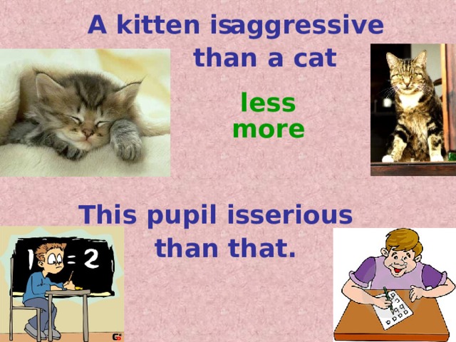 A kitten is aggressive  than a cat less more This pupil is serious  than that. 