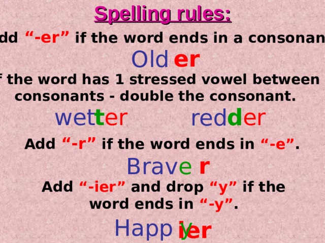 Spelling rules: Add “-er”  if the word ends in a consonant. er Old  If the word has 1 stressed vowel between consonants - double the consonant. d er t er wet  red  Add “-r”  if the word ends in “-e” . r Brav e Add “-ier” and drop “y” if the word ends in “-y” . y Happ ier 