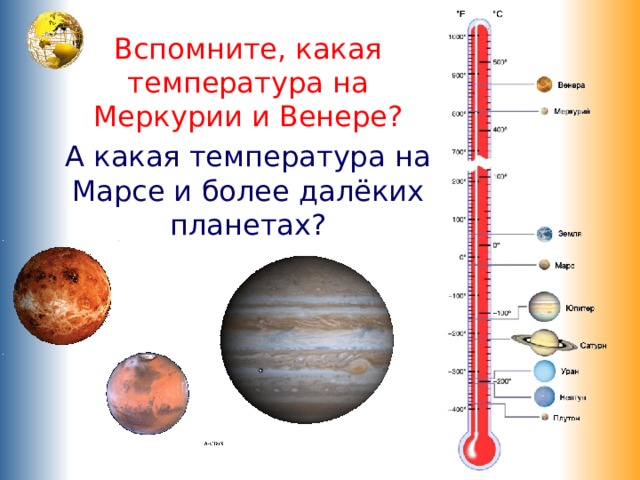 Вспомните, какая температура на Меркурии и Венере? А какая температура на Марсе и более далёких планетах? 