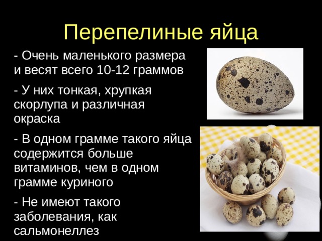 Перепелиные яйца - Очень маленького размера и весят всего 10-12 граммов - У них тонкая, хрупкая скорлупа и различная окраска - В одном грамме такого яйца содержится больше витаминов, чем в одном грамме куриного - Не имеют такого заболевания, как сальмонеллез  