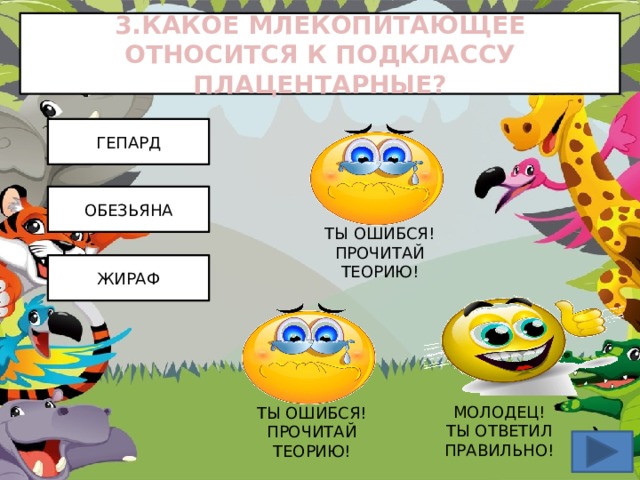 3.КАКОЕ МЛЕКОПИТАЮЩЕЕ ОТНОСИТСЯ К ПОДКЛАССУ ПЛАЦЕНТАРНЫЕ? ГЕПАРД ОБЕЗЬЯНА ТЫ ОШИБСЯ! ПРОЧИТАЙ ТЕОРИЮ! ЖИРАФ МОЛОДЕЦ!  ТЫ ОТВЕТИЛ ПРАВИЛЬНО! ТЫ ОШИБСЯ! ПРОЧИТАЙ ТЕОРИЮ! 