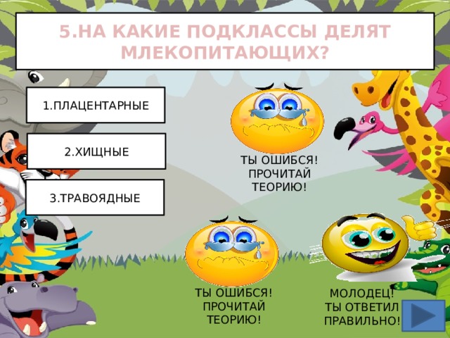 5.НА КАКИЕ ПОДКЛАССЫ ДЕЛЯТ МЛЕКОПИТАЮЩИХ? 1.ПЛАЦЕНТАРНЫЕ 2.ХИЩНЫЕ ТЫ ОШИБСЯ! ПРОЧИТАЙ ТЕОРИЮ! 3.ТРАВОЯДНЫЕ МОЛОДЕЦ!  ТЫ ОТВЕТИЛ ПРАВИЛЬНО! ТЫ ОШИБСЯ! ПРОЧИТАЙ ТЕОРИЮ! 