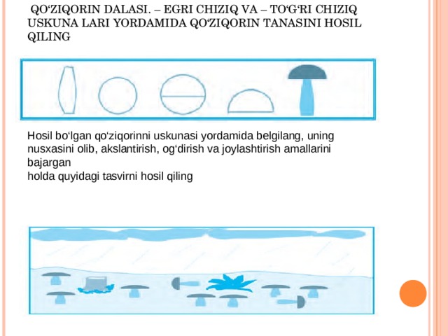  QO‘ZIQORIN DALASI. – EGRI CHIZIQ VA – TO‘G‘RI CHIZIQ  USKUNA LARI YORDAMIDA QO‘ZIQORIN TANASINI HOSIL QILING Hosil bo‘lgan qo‘ziqorinni uskunasi yordamida belgilang, uning nusxasini olib, akslantirish, og‘dirish va joylashtirish amallarini bajargan holda quyidagi tasvirni hosil qiling 