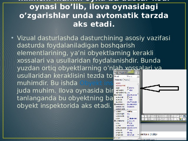 Ikkinchi muhim oyna bu dastur kodi oynasi bo’lib, ilova oynasidagi o’zgarishlar unda avtomatik tarzda aks etadi. Vizual dasturlashda dasturchining asosiy vazifasi dasturda foydalaniladigan boshqarish elementlarining, ya’ni obyektlarning kerakli xossalari va usullaridan foydalanishdir. Bunda yuzdan ortiq obyektlarning o’nlab xossalari va usullaridan keraklisini tezda topa olish juda muhimdir. Bu ishda Obyekt inspektor ining o’rni juda muhim. Ilova oynasida biror obyekt tanlanganda bu obyektning barcha xossalari obyekt inspektorida aks etadi. 