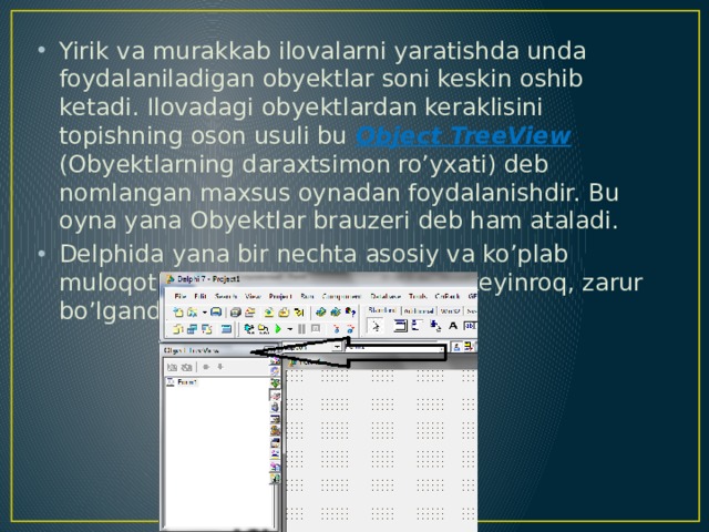 Yirik va murakkab ilovalarni yaratishda unda foydalaniladigan obyektlar soni keskin oshib ketadi. Ilovadagi obyektlardan keraklisini topishning oson usuli bu Object TreeView (Obyektlarning daraxtsimon ro’yxati) deb nomlangan maxsus oynadan foydalanishdir. Bu oyna yana Obyektlar brauzeri deb ham ataladi. Delphida yana bir nechta asosiy va ko’plab muloqot oynalari bo’lib, ular bilan keyinroq, zarur bo’lganda tanishamiz. 