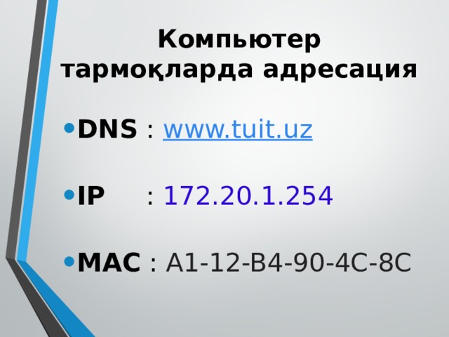 Компьютер тармоқларда адресация DNS : www.tuit.uz IP : 172.20.1.254 МАС : A1-12-B4-90-4C-8C 