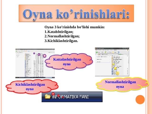 Oyna 3 ko’rinishda bo’lishi mumkin: Katalshtirilgan; Normallashtirilgan; Kichiklashtirilgan. Kattalashtirilgan oyna Normallashtirilgan oyna Kichiklashtirilgan oyna 