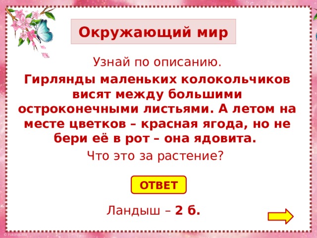 Окружающий мир Узнай по описанию. Гирлянды маленьких колокольчиков висят между большими остроконечными листьями. А летом на месте цветков – красная ягода, но не бери её в рот – она ядовита. Что это за растение? ОТВЕТ Ландыш – 2 б.