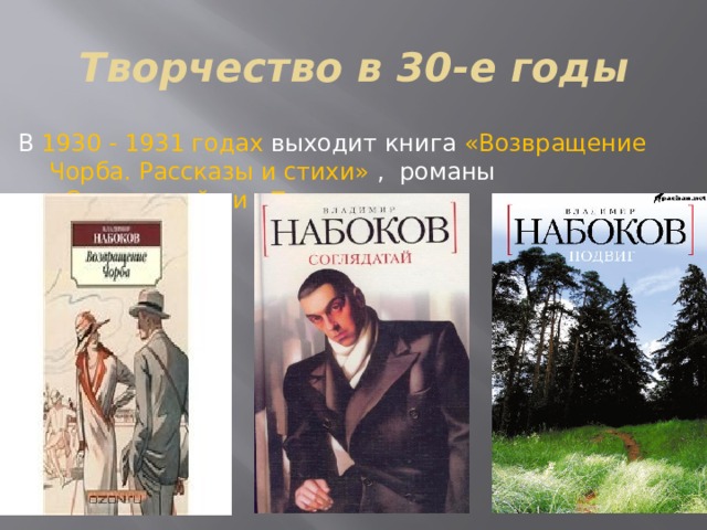 Творчество в 30-е годы В 1930 - 1931 годах выходит книга «Возвращение Чорба. Рассказы и стихи» , романы «Соглядатай» и «Подвиг». 