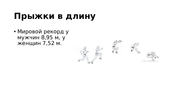 Прыжки в длину Мировой рекорд у мужчин 8,95 м, у женщин 7,52 м. 