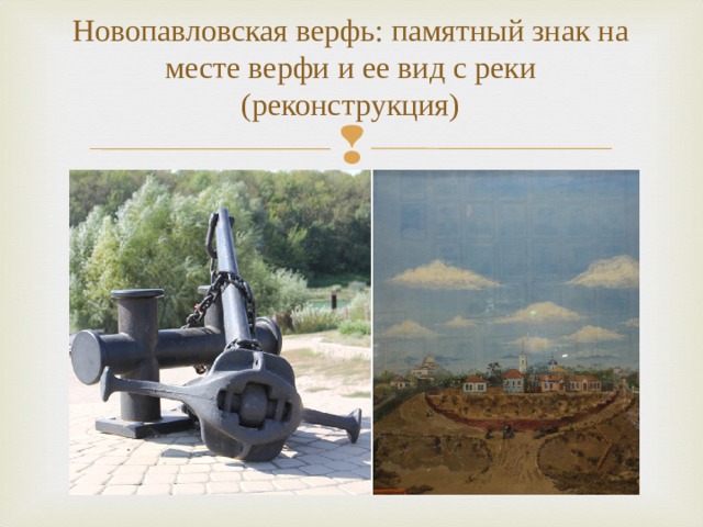 Новопавловская верфь: памятный знак на месте верфи и ее вид с реки (реконструкция)   