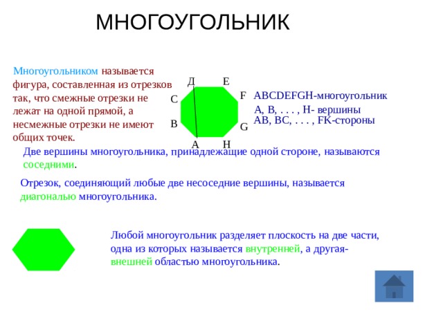 МНОГОУГОЛЬНИК Многоугольником  называется фигура, составленная из отрезков так, что смежные отрезки не лежат на одной прямой, а несмежные отрезки не имеют общих точек. Д Е ABCDEFGH-многоугольник F С А, В, . . . , Н- вершины AB, BC, . . . , FK-стороны В G H А Две вершины многоугольника, принадлежащие одной стороне, называются соседними . Отрезок, соединяющий любые две несоседние вершины, называется диагональю многоугольника. Любой многоугольник разделяет плоскость на две части, одна из которых называется внутренней , а другая- внешней областью многоугольника . 