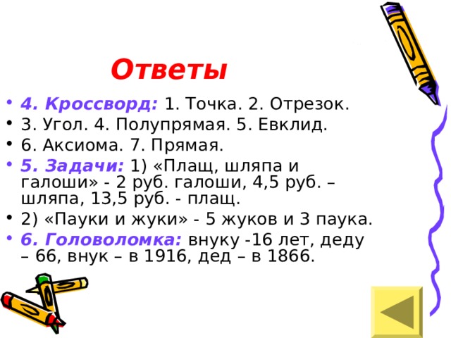 Ответы 4. Кроссворд: 1. Точка. 2. Отрезок. 3. Угол. 4. Полупрямая. 5. Евклид. 6. Аксиома. 7. Прямая. 5. Задачи: 1) «Плащ, шляпа и галоши» - 2 руб. галоши, 4,5 руб. – шляпа, 13,5 руб. - плащ. 2) «Пауки и жуки» - 5 жуков и 3 паука. 6. Головоломка: внуку -16 лет, деду – 66, внук – в 1916, дед – в 1866. 